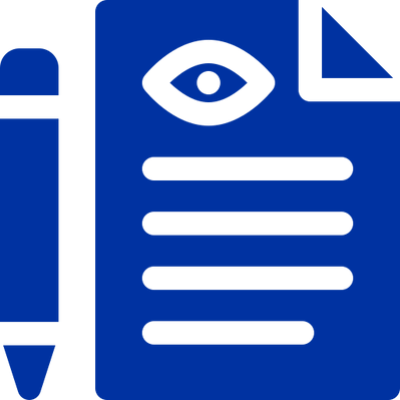 Icon of a pen and a document with an eye symbol.