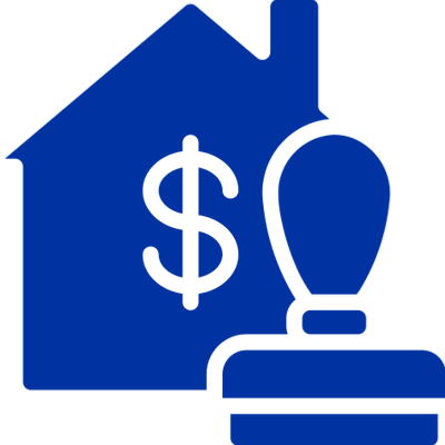 Blue icon of a house with dollar sign and a stamp symbol.