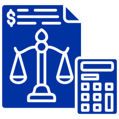 Icon showing justice scales and calculator symbolizing legal finance.