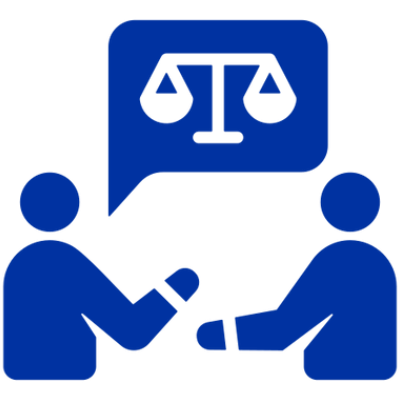 Two figures discussing legal matters represented by a scale symbol.