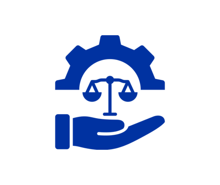 Hand holding scales of justice with a gear backdrop symbolizing legal support in industry.