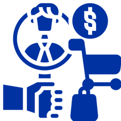 Businessman holding steering wheel with dollar sign and handshake icons.