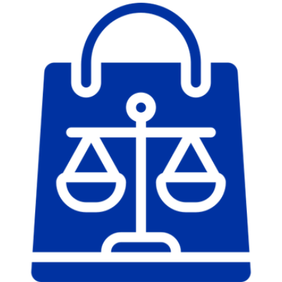 A blue shopping bag with a justice scale symbol.