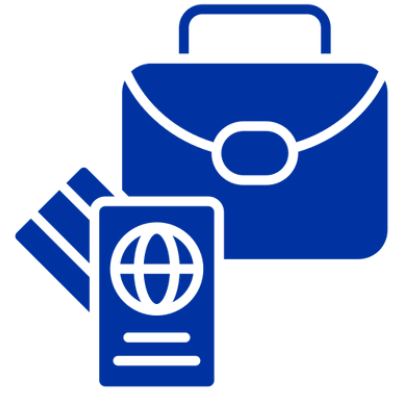 Blue icon of a briefcase with a passport and boarding passes.
