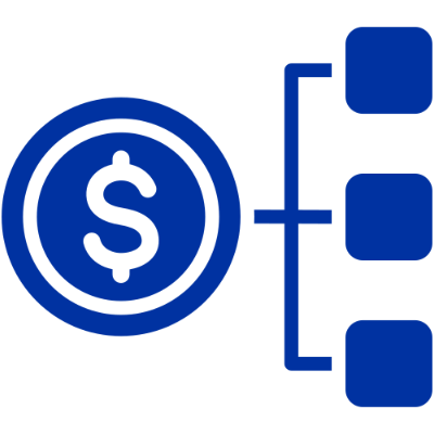 Icon of a dollar coin connected to three boxes representing financial distribution.