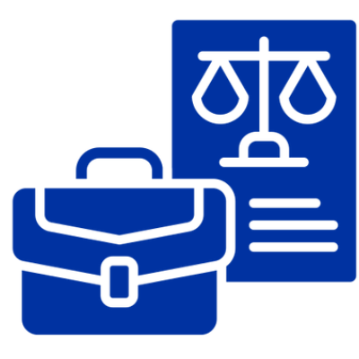 Icon of a briefcase and legal document with scales of justice.