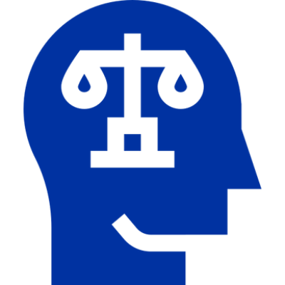 Blue head silhouette with a justice scale inside.