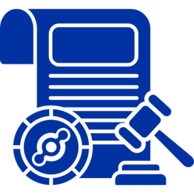 Blue icon of a legal document with a gavel and magnifying glass.