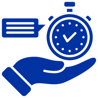 Blue hand holding a stopwatch with a speech bubble.