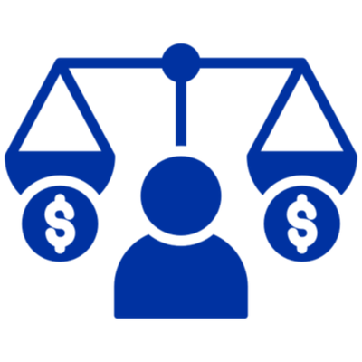 Icon of a person balancing money on scales.